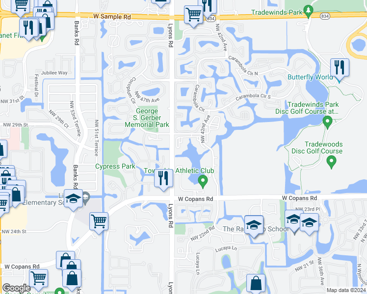 map of restaurants, bars, coffee shops, grocery stores, and more near 4400 Northwest 30th Street in Coconut Creek