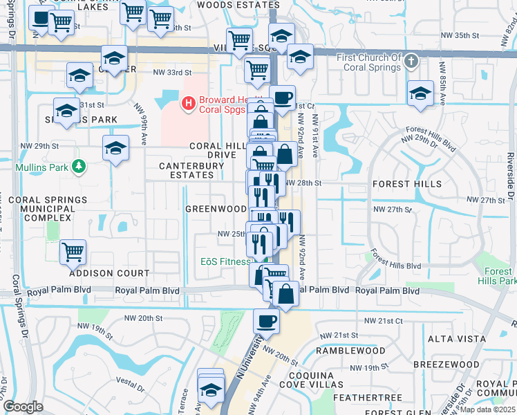 map of restaurants, bars, coffee shops, grocery stores, and more near 2730 Florida 817 in Coral Springs