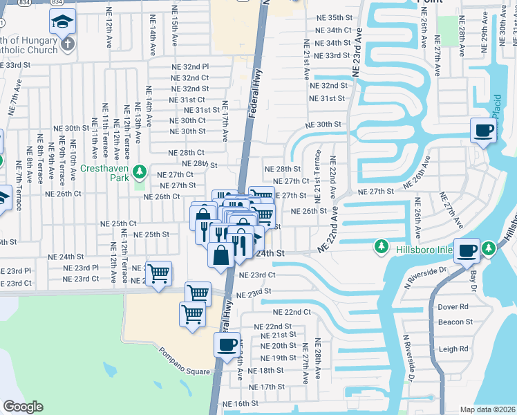 map of restaurants, bars, coffee shops, grocery stores, and more near 2600 U.S. 1 in Lighthouse Point