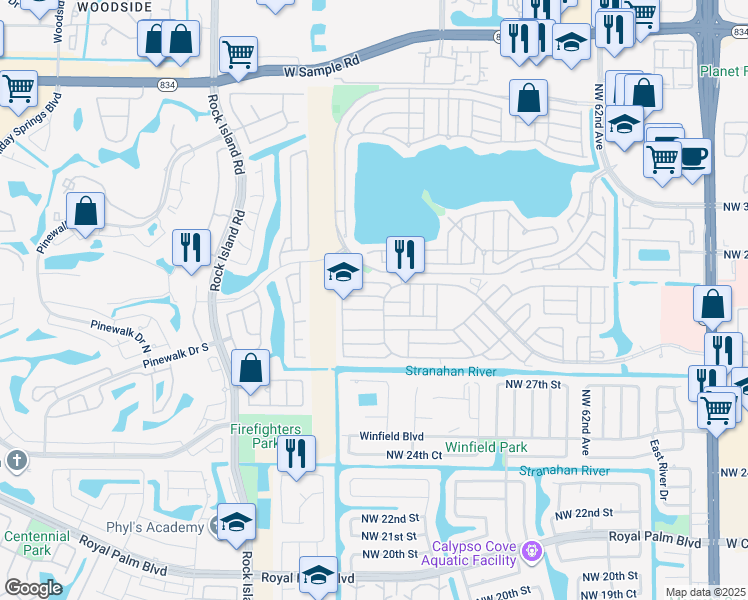 map of restaurants, bars, coffee shops, grocery stores, and more near 6621 Northwest 29th Court in Margate