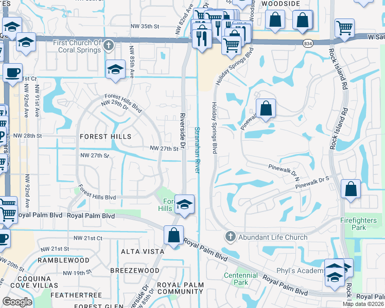 map of restaurants, bars, coffee shops, grocery stores, and more near in Coral Springs