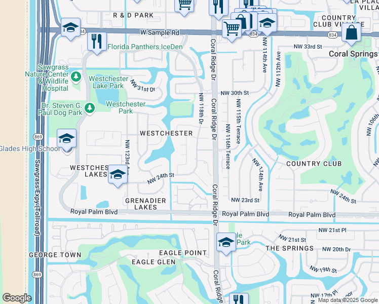 map of restaurants, bars, coffee shops, grocery stores, and more near 2633 Northwest 119th Terrace in Coral Springs