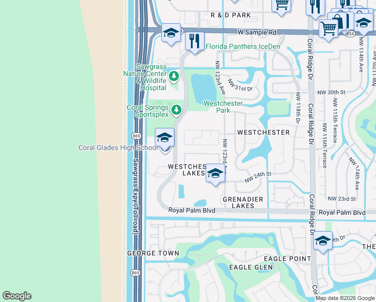 map of restaurants, bars, coffee shops, grocery stores, and more near 2584 Northwest 124th Avenue in Coral Springs