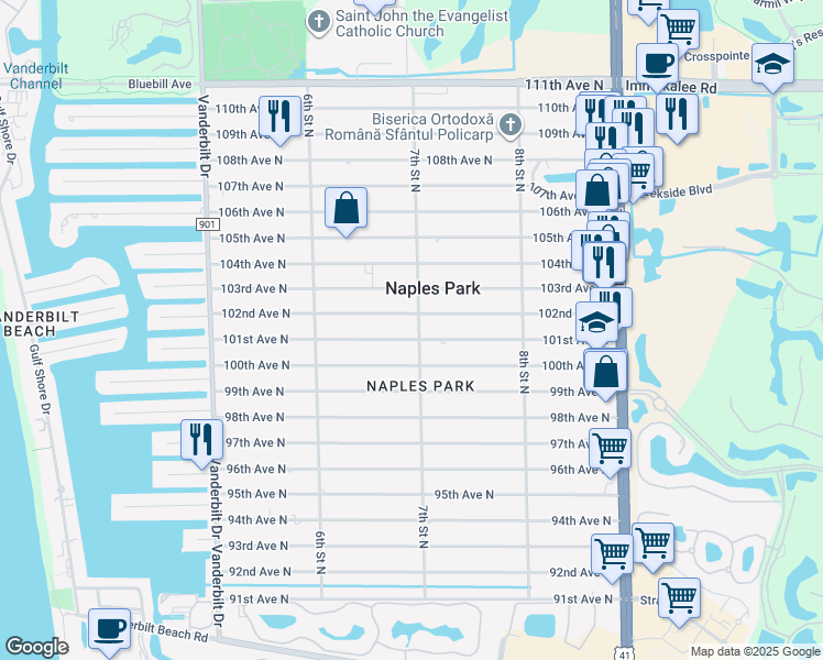 map of restaurants, bars, coffee shops, grocery stores, and more near 685 101st Avenue North in Naples