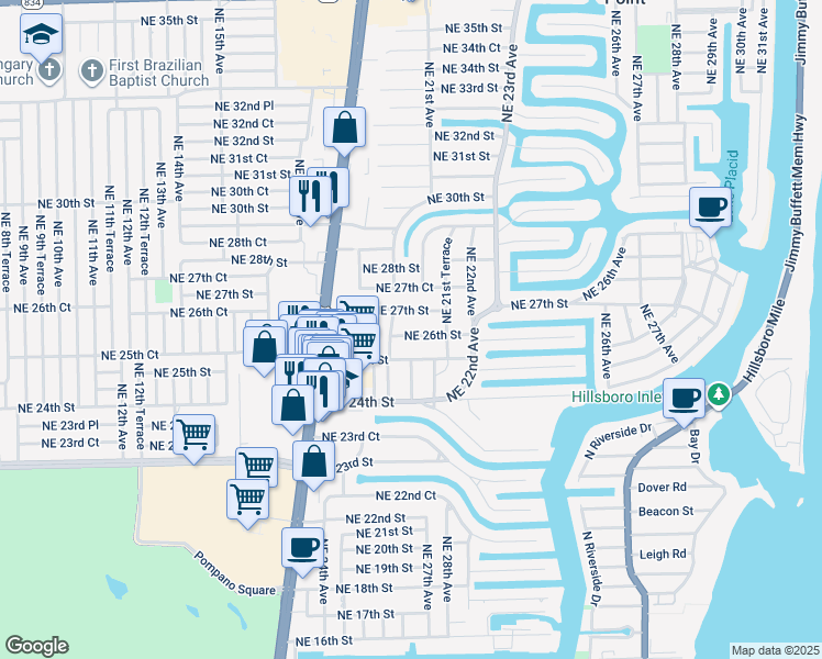 map of restaurants, bars, coffee shops, grocery stores, and more near 2051 Northeast 26th Street in Lighthouse Point