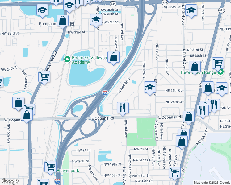 map of restaurants, bars, coffee shops, grocery stores, and more near 411 Northwest 26th Court in Pompano Beach