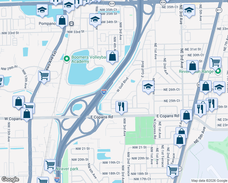 map of restaurants, bars, coffee shops, grocery stores, and more near 411 Northwest 26th Court in Pompano Beach