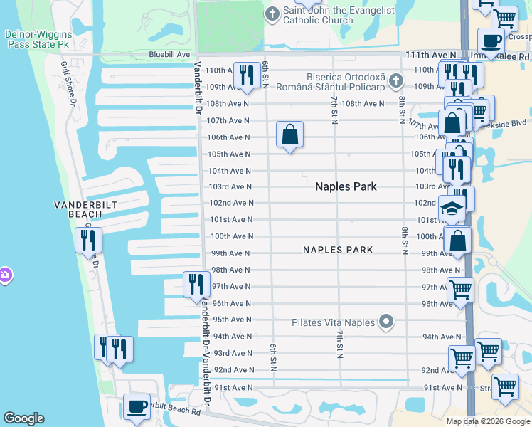 map of restaurants, bars, coffee shops, grocery stores, and more near 605 101st Avenue North in Naples