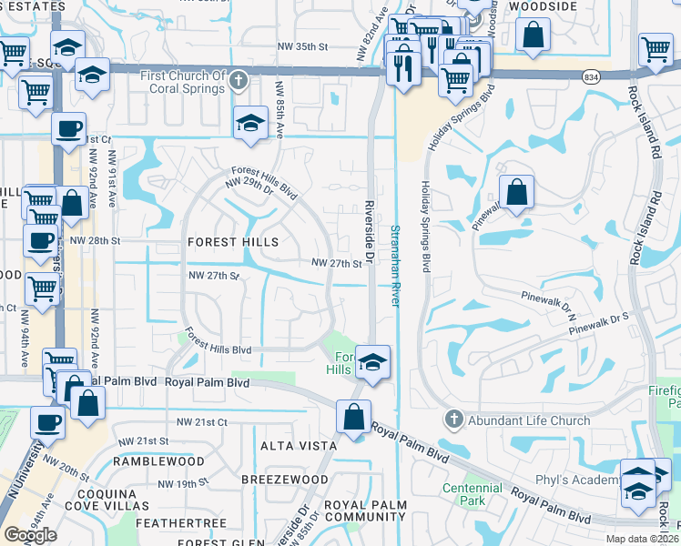 map of restaurants, bars, coffee shops, grocery stores, and more near 8105 Northwest 27th Street in Coral Springs