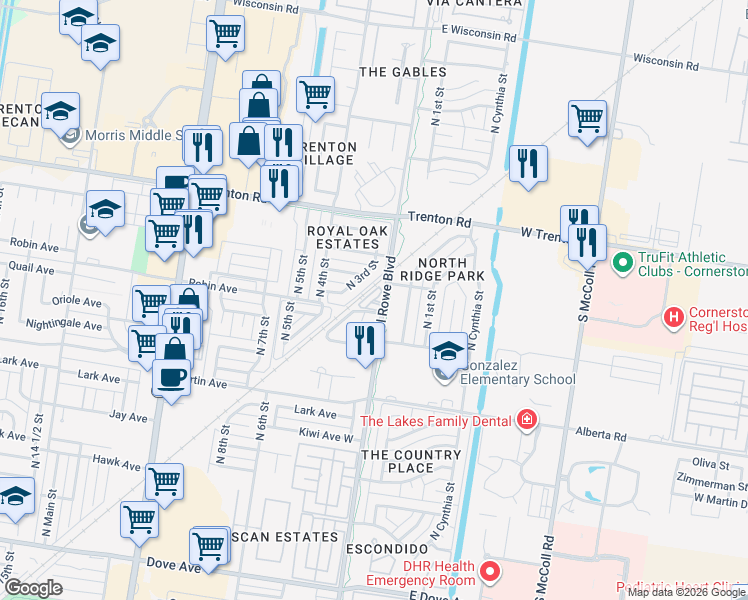 map of restaurants, bars, coffee shops, grocery stores, and more near 201 Robin Avenue in McAllen