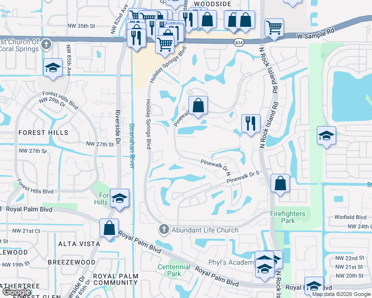 map of restaurants, bars, coffee shops, grocery stores, and more near 7738 Northwest 29th Street in Margate