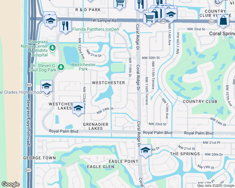 map of restaurants, bars, coffee shops, grocery stores, and more near 11915 Northwest 26th Place in Coral Springs