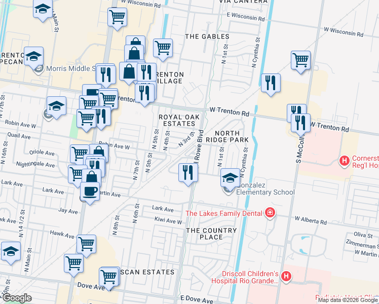 map of restaurants, bars, coffee shops, grocery stores, and more near 201 Robin Avenue in McAllen