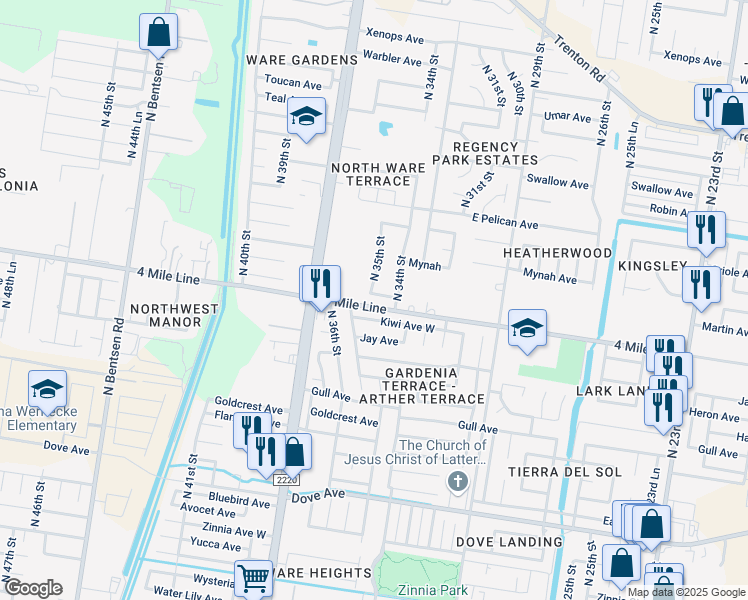 map of restaurants, bars, coffee shops, grocery stores, and more near 3417 Martin Avenue in McAllen
