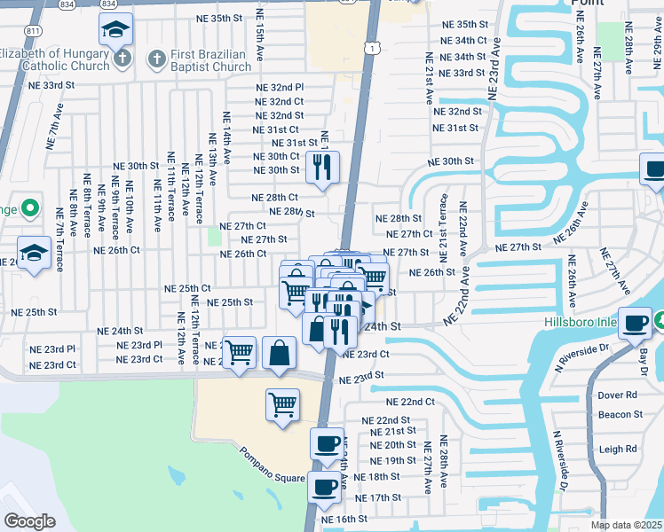 map of restaurants, bars, coffee shops, grocery stores, and more near 2669 North Federal Highway in Pompano Beach