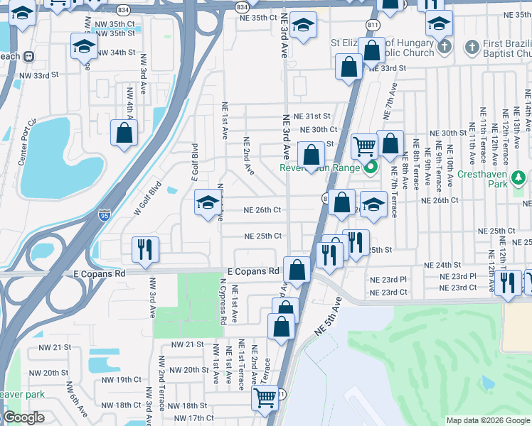 map of restaurants, bars, coffee shops, grocery stores, and more near 205 Northeast 26th Street in Pompano Beach