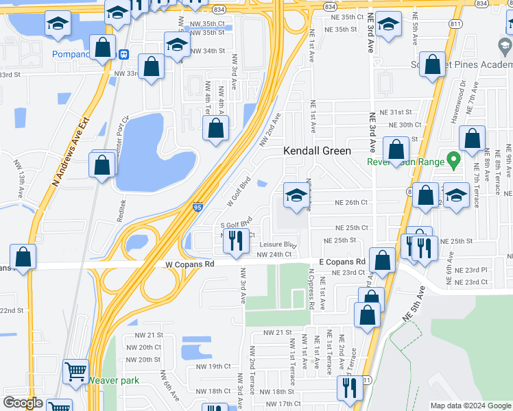 map of restaurants, bars, coffee shops, grocery stores, and more near 193 South Golf Boulevard in Pompano Beach