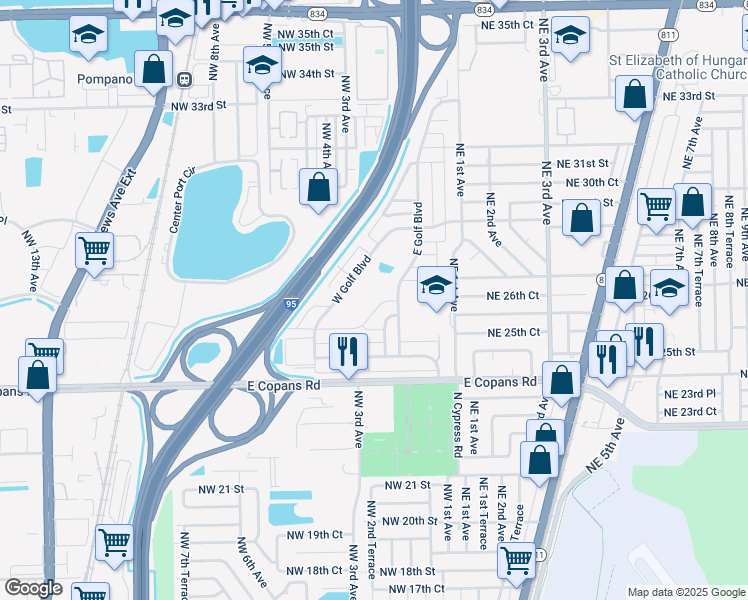 map of restaurants, bars, coffee shops, grocery stores, and more near 193 South Golf Boulevard in Pompano Beach