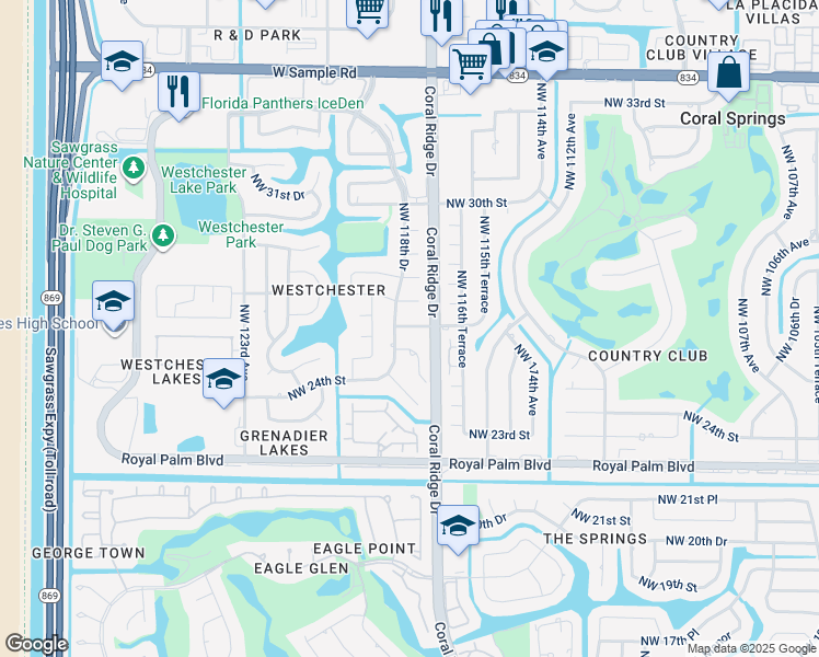 map of restaurants, bars, coffee shops, grocery stores, and more near 11728 Northwest 26th Court in Coral Springs