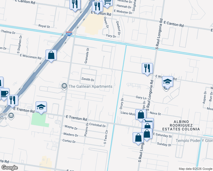 map of restaurants, bars, coffee shops, grocery stores, and more near 1714 East Wisconsin Road in Edinburg