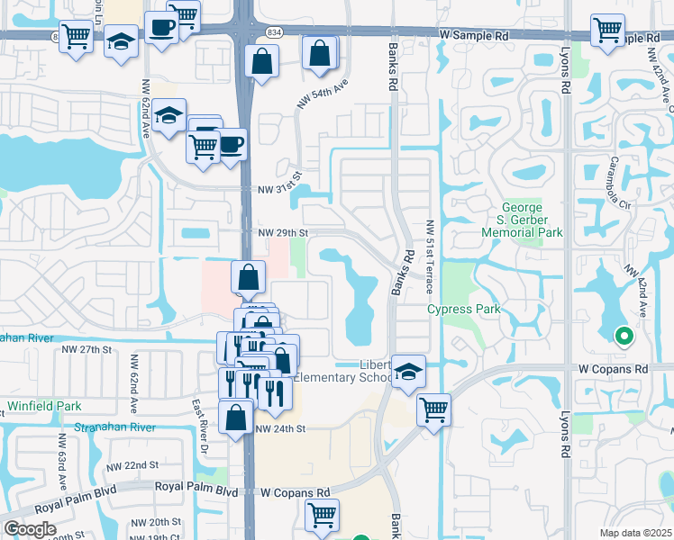 map of restaurants, bars, coffee shops, grocery stores, and more near 6601 Coral Lake Drive in Margate