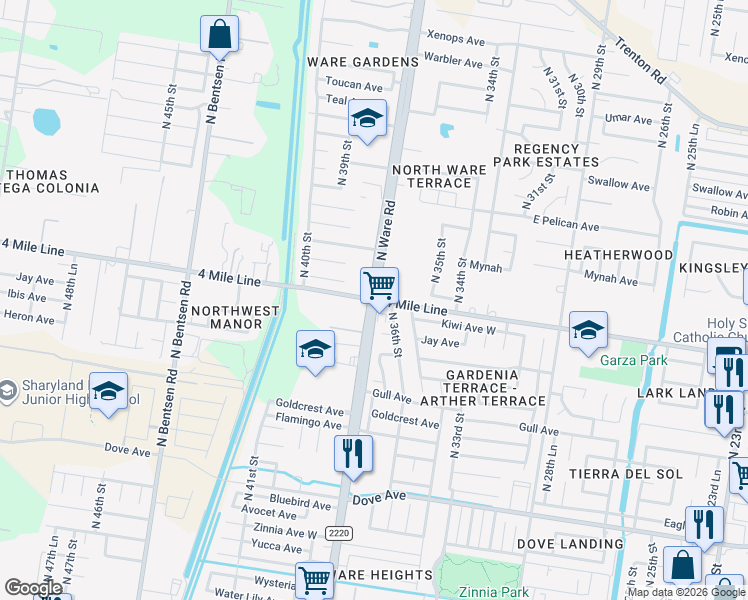 map of restaurants, bars, coffee shops, grocery stores, and more near 4 Mile Line in McAllen