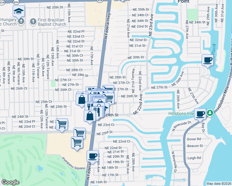 map of restaurants, bars, coffee shops, grocery stores, and more near 2621 Northeast 20th Avenue in Lighthouse Point