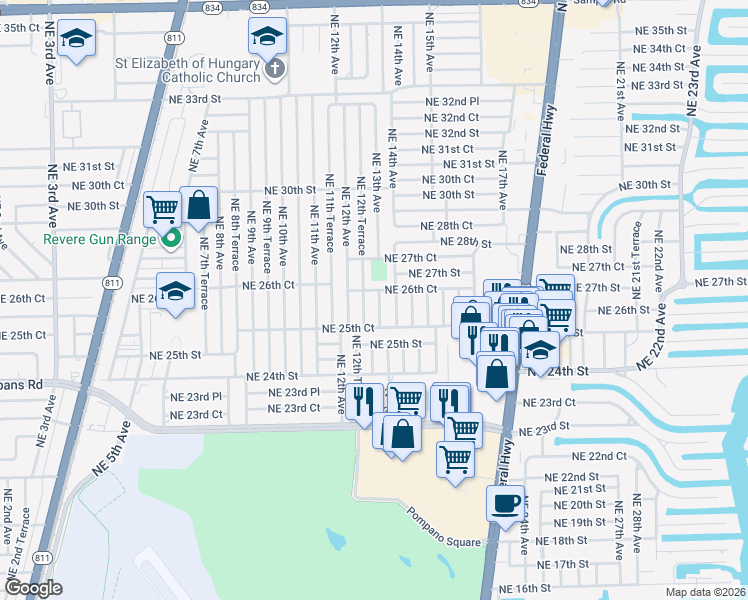 map of restaurants, bars, coffee shops, grocery stores, and more near 2601 Northeast 12th Terrace in Pompano Beach