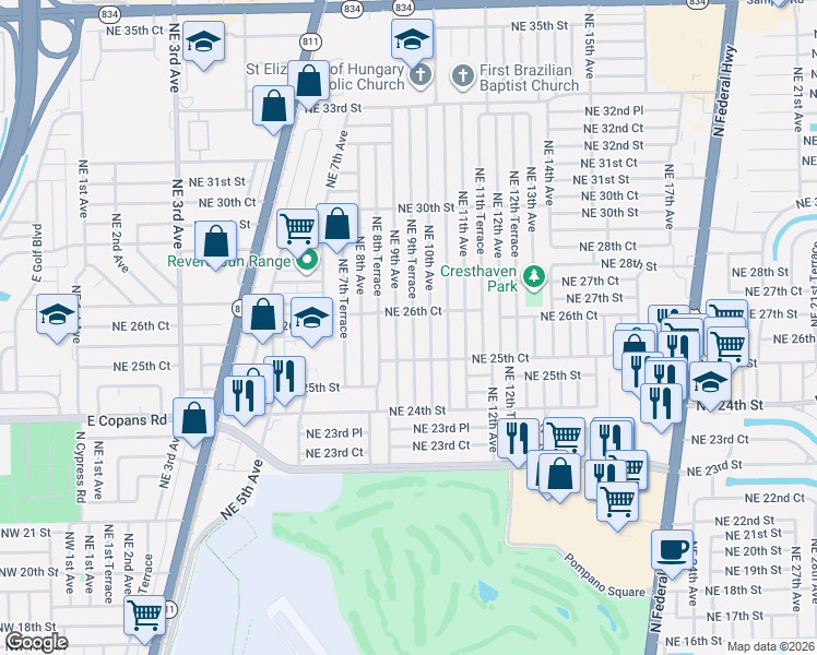 map of restaurants, bars, coffee shops, grocery stores, and more near 2610 Northeast 9th Avenue in Pompano Beach