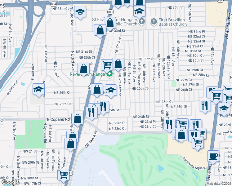 map of restaurants, bars, coffee shops, grocery stores, and more near 680 Northeast 26th Court in Pompano Beach