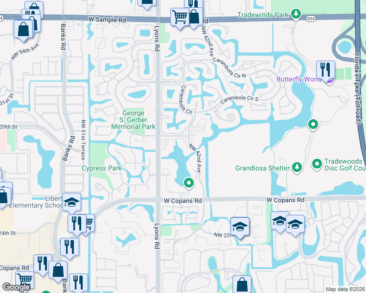 map of restaurants, bars, coffee shops, grocery stores, and more near 4250 Northwest 30th Street in Coconut Creek