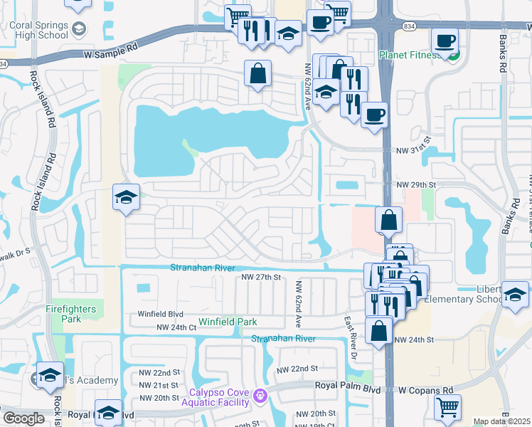 map of restaurants, bars, coffee shops, grocery stores, and more near 6361 Northwest 29th Street in Margate