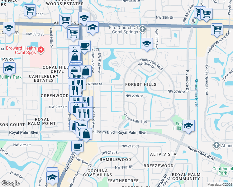 map of restaurants, bars, coffee shops, grocery stores, and more near 8968 Northwest 27th Street in Coral Springs