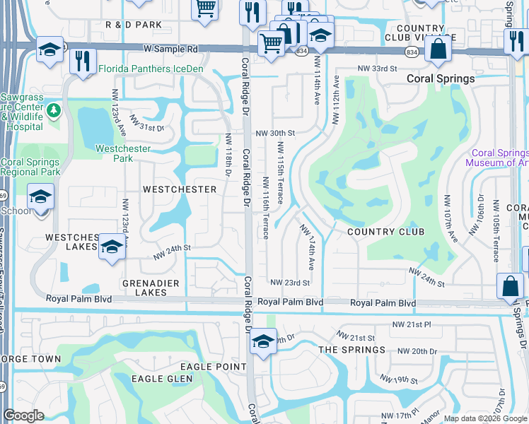 map of restaurants, bars, coffee shops, grocery stores, and more near 11603 Northwest 26th Street in Coral Springs