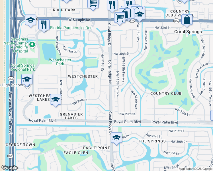 map of restaurants, bars, coffee shops, grocery stores, and more near 11728 Northwest 26th Court in Coral Springs