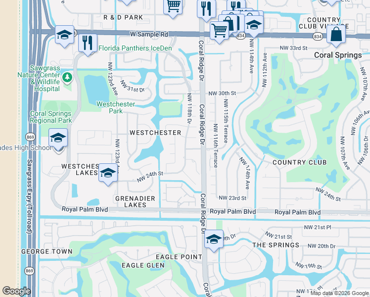 map of restaurants, bars, coffee shops, grocery stores, and more near 2633 Northwest 119th Terrace in Coral Springs