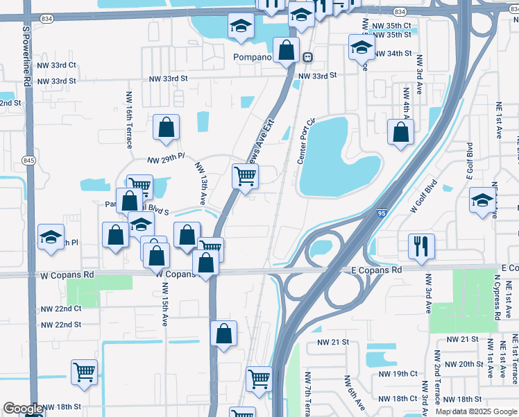 map of restaurants, bars, coffee shops, grocery stores, and more near 2800 North Andrews Avenue Extension in Pompano Beach