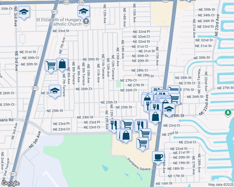 map of restaurants, bars, coffee shops, grocery stores, and more near 2601 Northeast 12th Terrace in Pompano Beach