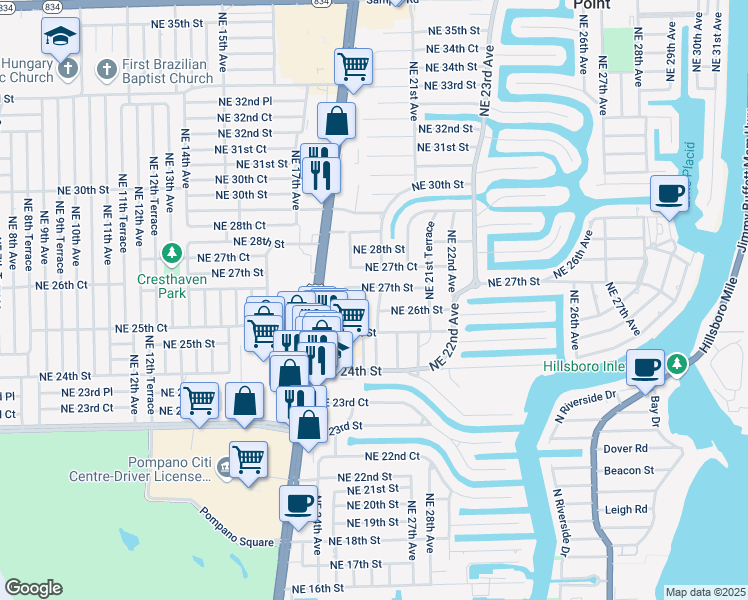 map of restaurants, bars, coffee shops, grocery stores, and more near 2621 Northeast 20th Avenue in Lighthouse Point