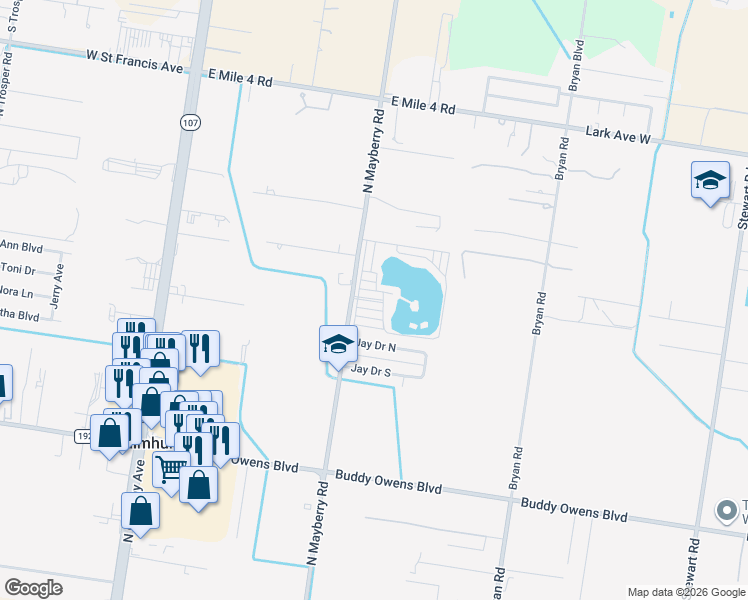 map of restaurants, bars, coffee shops, grocery stores, and more near 4770 North Mayberry Road in Mission
