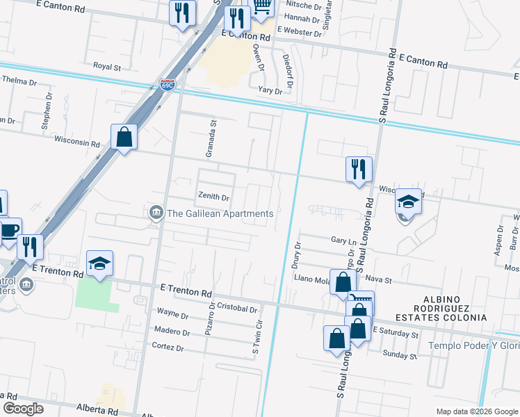 map of restaurants, bars, coffee shops, grocery stores, and more near 1714 East Wisconsin Road in Edinburg