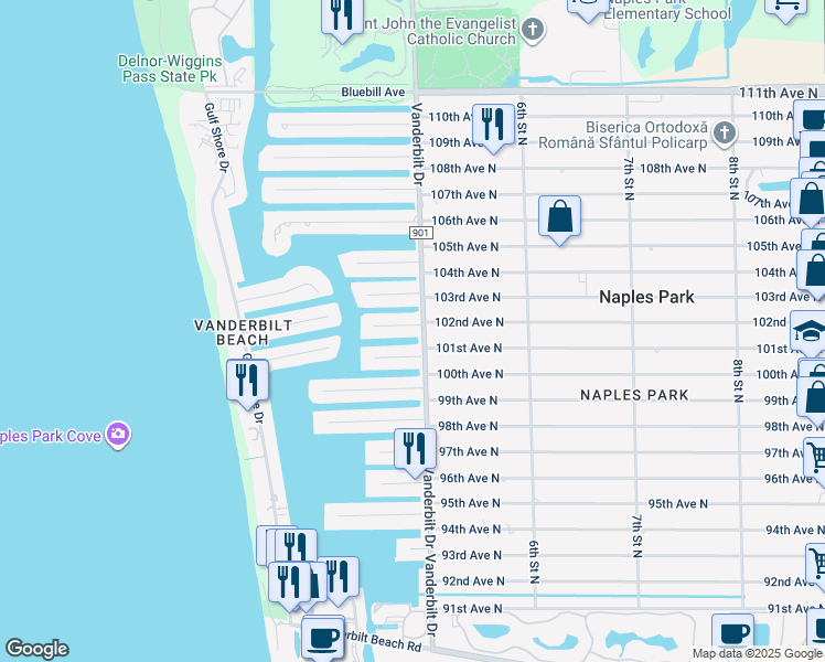 map of restaurants, bars, coffee shops, grocery stores, and more near 476 Seagull Avenue in Naples