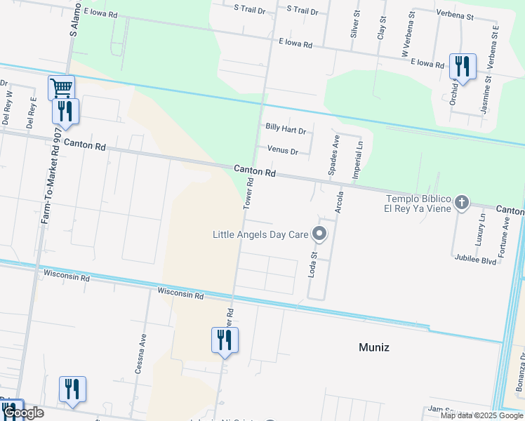 map of restaurants, bars, coffee shops, grocery stores, and more near 3000 South Tower Road in Edinburg
