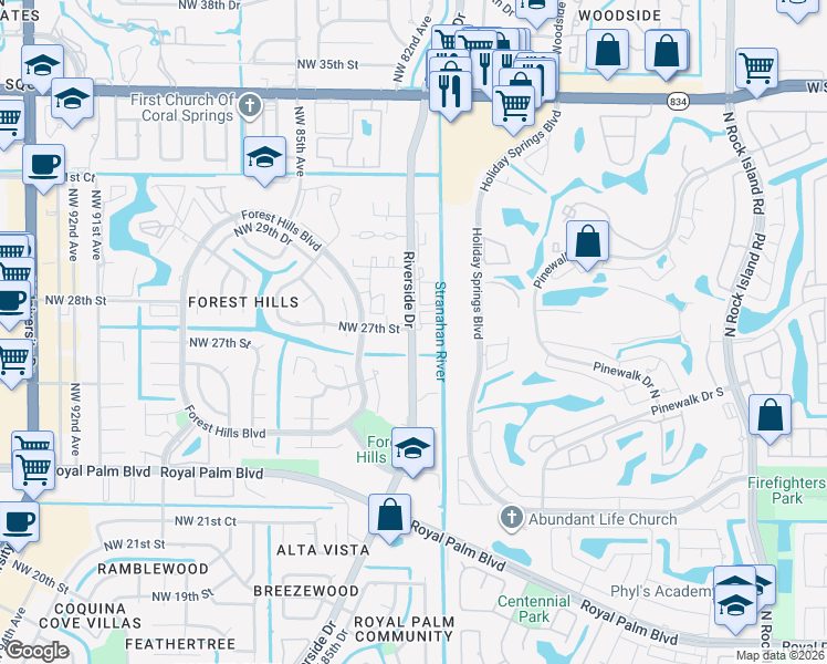 map of restaurants, bars, coffee shops, grocery stores, and more near in Coral Springs