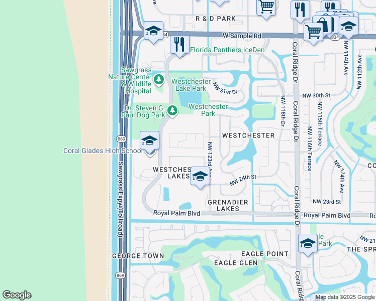 map of restaurants, bars, coffee shops, grocery stores, and more near 12341 Northwest 26th Street in Coral Springs