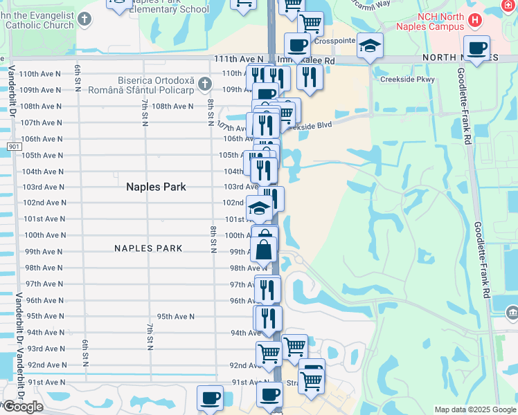 map of restaurants, bars, coffee shops, grocery stores, and more near 869 101st Avenue North in Naples