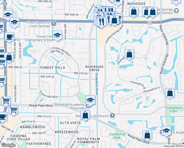 map of restaurants, bars, coffee shops, grocery stores, and more near in Coral Springs