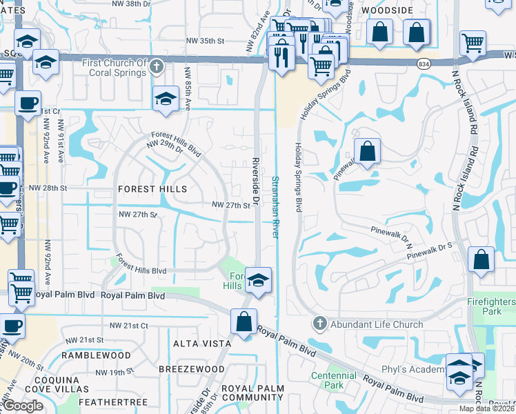 map of restaurants, bars, coffee shops, grocery stores, and more near in Coral Springs