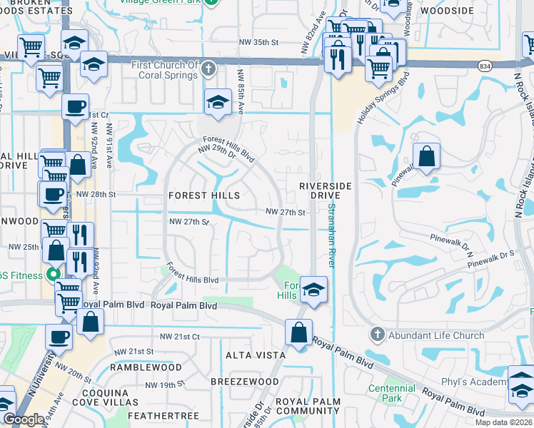 map of restaurants, bars, coffee shops, grocery stores, and more near 2630 Northwest 83rd Terrace in Coral Springs
