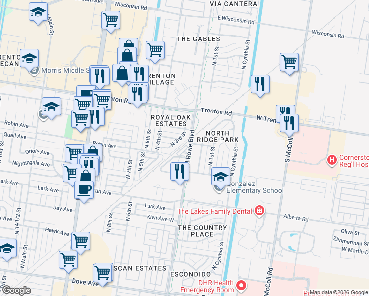 map of restaurants, bars, coffee shops, grocery stores, and more near 201 Robin Avenue in McAllen